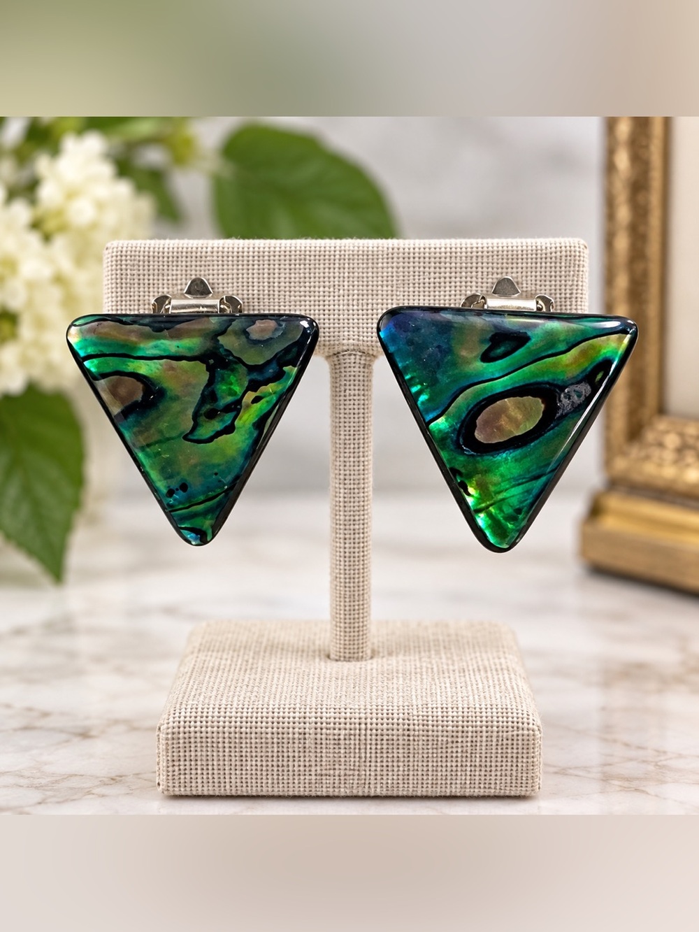 Vintage 1980s Abalone Mother of Pearl Triangle Clip On Earrings